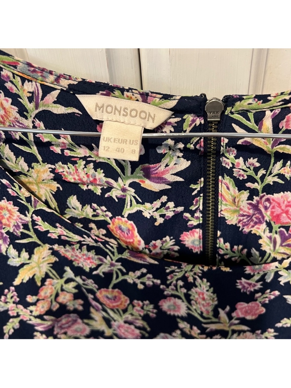 Monsoon Navy Botanical Floral Shift Dress Pockets 3/4 Sleeve Size 8 - Picture 3 of 8